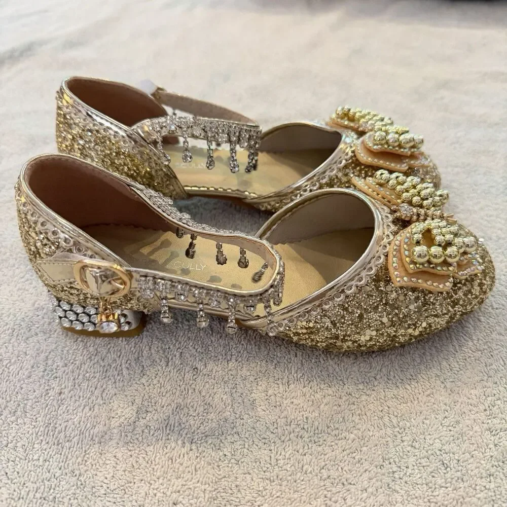 Trish Scully Gold Girls Shoes 4 Heels Butterfly Rhinestone Bling Formal Dance 36